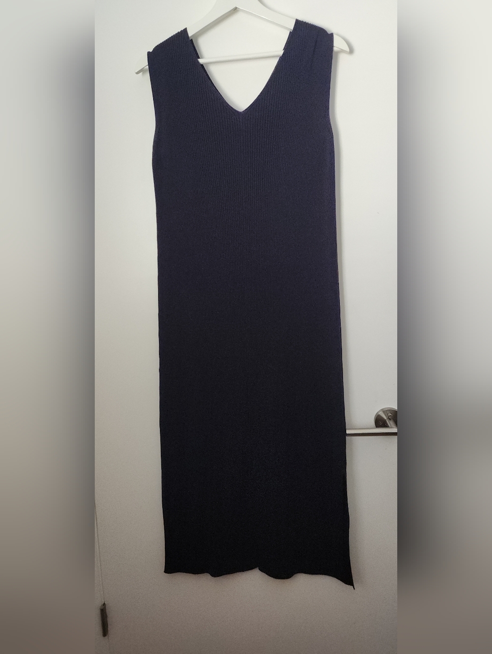 The Row V Neck Dark Navy Silk Cotton Ribbed Maxi Dress XS Made in Italy